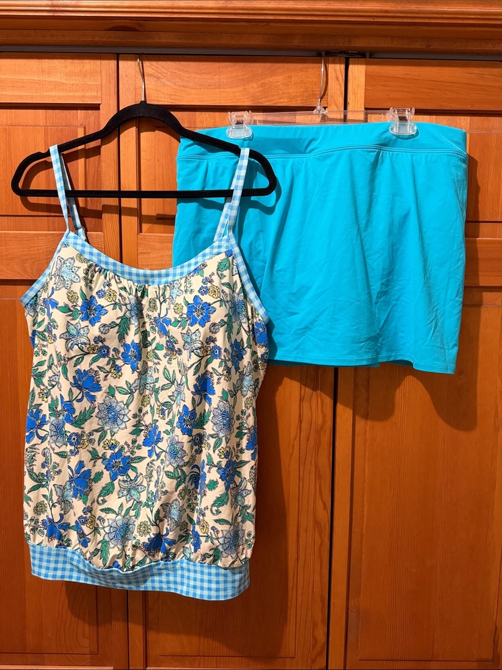 NWT Lands' End Floral Gingham Blouson Tankini Top and Swim Skort